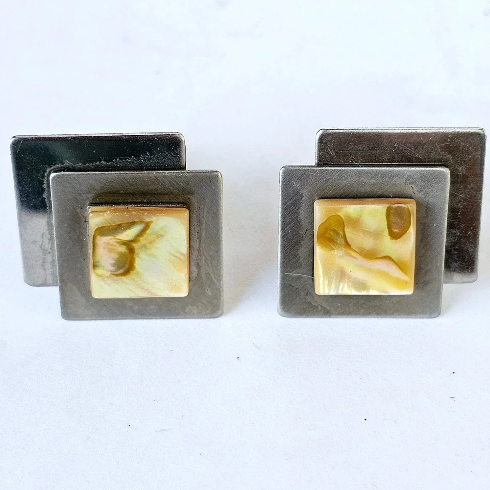 Vintage Silver And Mother Of Pearl Mens Cuff Links Set - M519.1‎